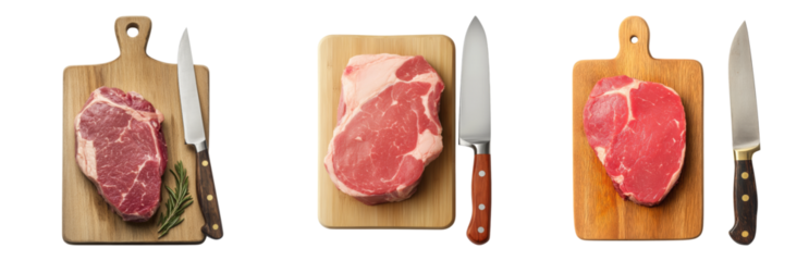 Fresh Raw Meat Cuts on Wooden Boards with Knives Isolated on transparent background