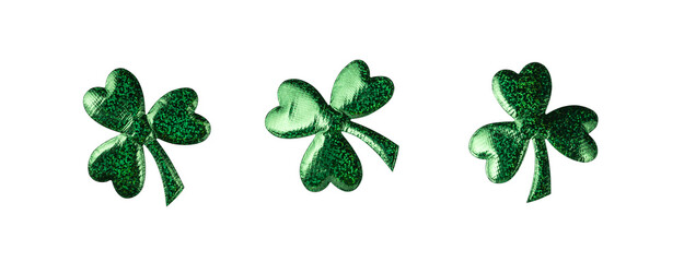 Glittering green shamrock leaf for St. Patrick's day isolated on transparent background. Lucky shamrock leaf for design on St. Patrick holiday party.