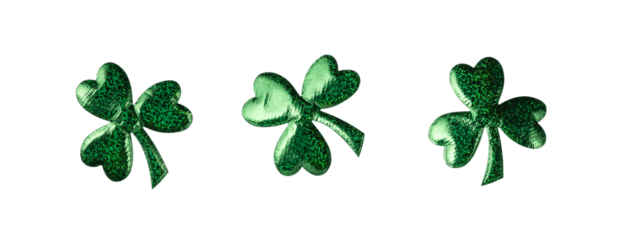 Glittering green shamrock leaf for St. Patrick's day isolated on transparent background. Lucky shamrock leaf for design on St. Patrick holiday party.