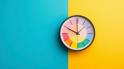Colorful Clock on Vibrant Split Background of Blue and Yellow Tones