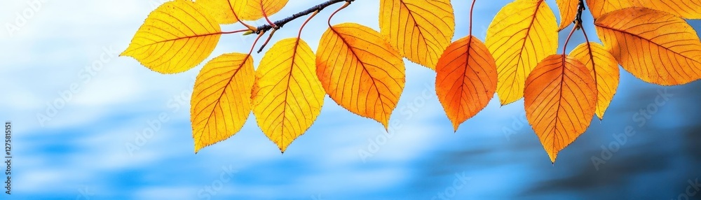 Poster branches and autumn leaves with lake in background