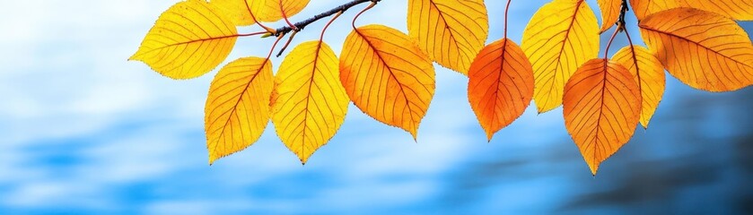 Fototapeta premium Branches and Autumn Leaves with Lake in Background