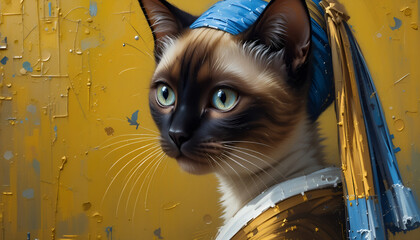 Ai generated oil painting Portrait of a cute Siamese cat Vermeer style of the artwork