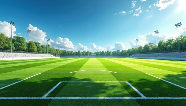 Empty lush green soccer field with white boundary lines, with visible goalposts under blue sky. Sports arena, football pitch for championship, grass turf pattern.