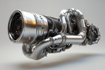 A detailed view of an engine's exhaust manifold and catalytic converter . An image of a steam engine accompanied by the text "steam engine" prominently displayed.