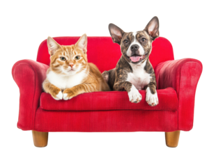 dog and cat relaxing together on bright red sofa, enjoying sunny day. Their playful expressions create warm and cheerful atmosphere
