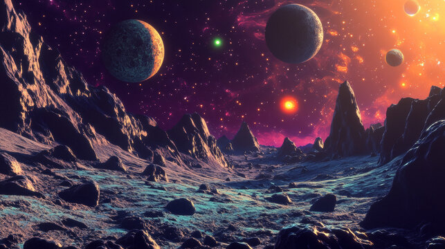 Alien planet landscape with rocks, cracks and glowing spots. Vector parallax background for 2d animation with cartoon fantasy illustration of cosmos with sun and moons and planet surface