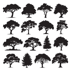 set of trees silhouettes on white background