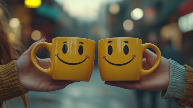 Two bright yellow mugs adorned with smiling faces, held by woman in cozy sweater. International Day of Happiness, International Friendship Day - Powered by Adobe