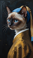 Ai generated oil painting Portrait of a cute Siamese cat Vermeer style of the artwork