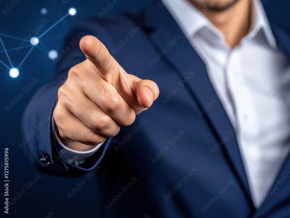 Poster Man in a suit pointing with finger in a business setting during a meeting or presentation