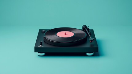 Fototapeta premium Retro Turntable on Turquoise Background with Vinyl Record Playing Music