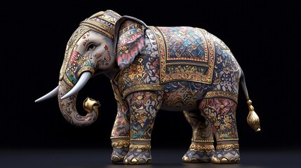 Fototapeta premium Ornate Asian elephant statue, richly decorated with colorful patterns and gold accents, isolated on black background.