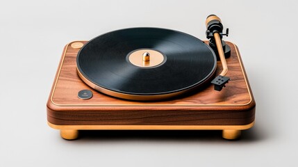 Fototapeta premium Elegant Wooden Turntable with Vinyl Record on a Minimalist Background