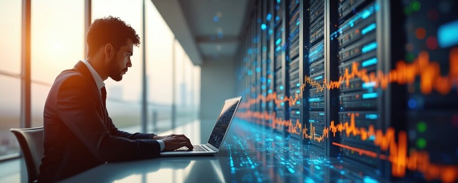 Man works on laptop near server racks. Data analytics tech. Businessman analyzes data using computer. Online technologies, futuristic cyberspace. Digital transformation, software development, cloud