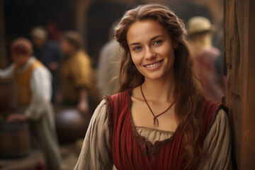 Fototapeta premium Smiling Woman in the Medieval Era Radiating Joy and Beauty in Traditional Clothing, Capturing the Essence of Medieval Life, Nobility, and Everyday Happiness in a Historical Portrait of the Middle Age