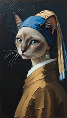 Ai generated oil painting Portrait of a cute Siamese cat Vermeer style of the artwork