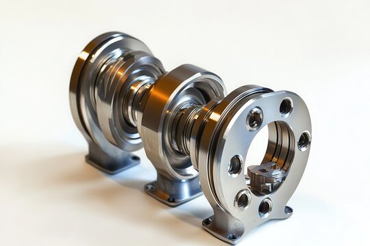 A detailed view of an engine's crankshaft and main bearings . Detailed view of a metal cylinder adorned with a multitude of gears, highlighting the intricacies of mechanical design.