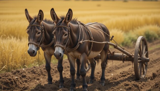 In a vibrant rice field kissed by sunlight, two strong donkeys work together to pull a wooden cart, showcasing the beauty of traditional farming. The warm tones add charm to this pastoral setting