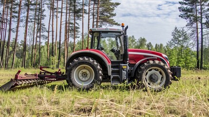 Obraz premium Red tractor in a scenic forest clearing during springtime agriculture.