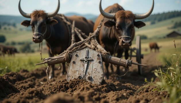 In the gentle light of the day, two powerful oxen labor together, pulling a vintage plow through fertile earth