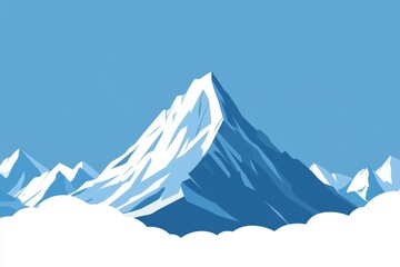 Snowy peak above clouds, mountain range background, travel poster design