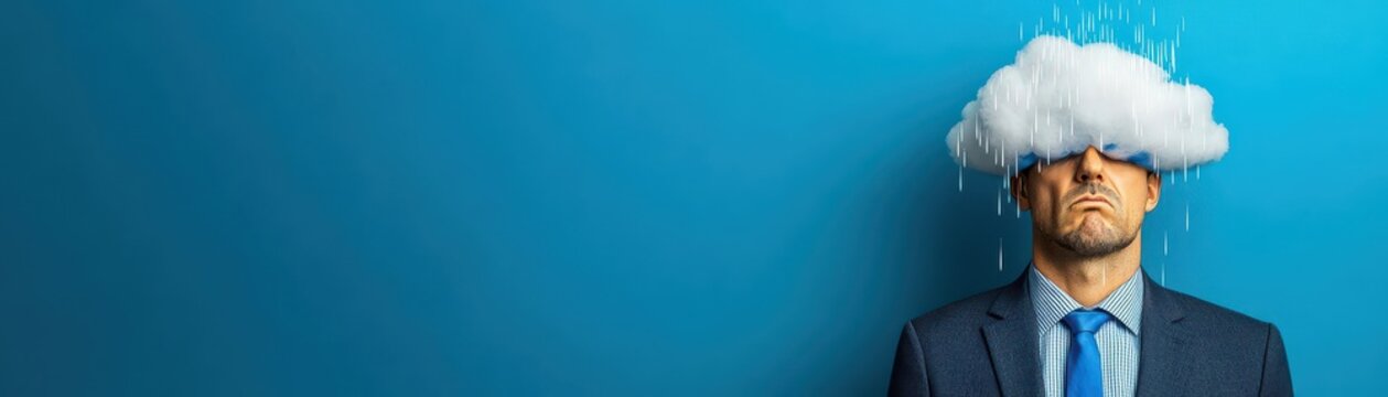 Businessman feels blue in crisis bad and hard times Sad and depressed feels, mood and emotion represented by color and cloud with rain instead of the head