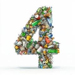 Number 4 made of piled garbage including plastic bottles, aluminum cans, and paper waste isolated on a clean white background