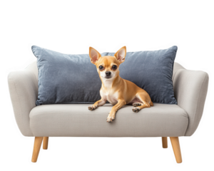 tiny chihuahua sitting on cozy couch with plush pillows, exuding charm and comfort. This adorable pet adds warmth to any living space