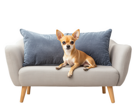 tiny chihuahua sitting on cozy couch with plush pillows, exuding charm and comfort. This adorable pet adds warmth to any living space