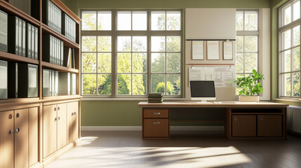 School principal office interior design. Contemporary vector illustration of empty headmaster's workspace with furniture, award documents on wall, computer on desk, folders on shelf and large windows