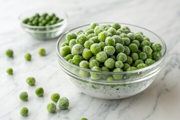 Close-Up of Fresh Frozen Peas in Elegant Glass Bowls on a Polished Marble Surface