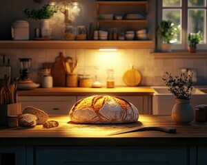 Obraz premium Baking sourdough bread with glowing AR step-by-step guide, cozy kitchen setup, soft ambient lighting, photorealistic