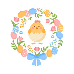 Floral decorative Easter wreath with Easter chick inside.
