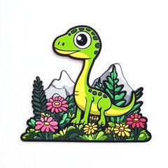 Obraz premium Cute cartoon dinosaur character in vibrant flower garden with mountains in the background
