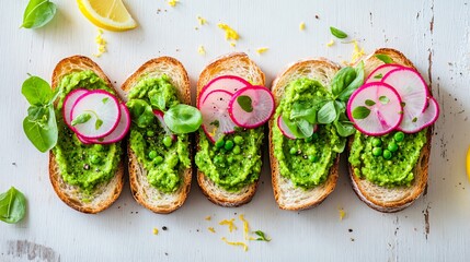 Vibrant green pea pur&eacute;e and red radish slices on a crisp baguette, styled with sprigs of fresh mint and lemon zest, isolated on a light wooden surface