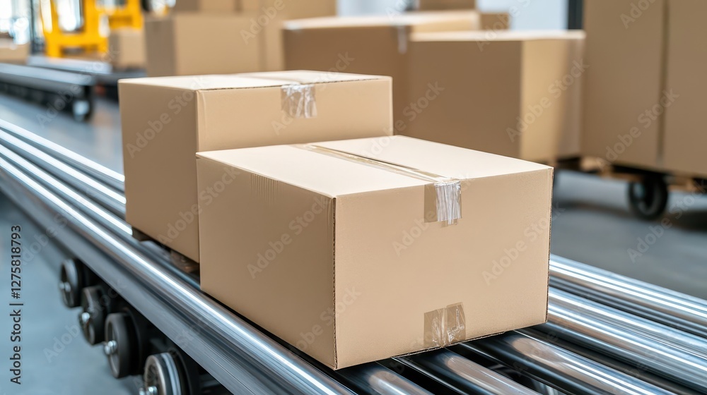 Poster boxes on a conveyor belt in a warehouse during the packaging and distribution process