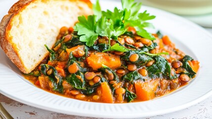 Hearty Lentil and Spinach Stew with Crusty Bread - A Delicious and Nutritious Meal