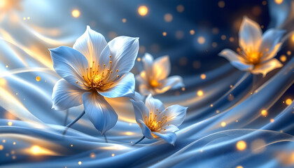 Fototapeta premium A dreamy floral composition with blue and golden flowers arranged in a swirling wave-like pattern, enhanced by soft lighting, subtle sparkles, and flowing ribbon-like elements.