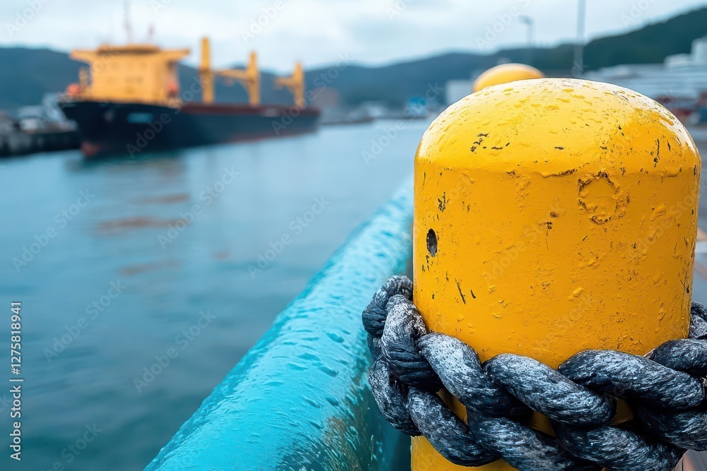 Poster yellow and black boat anchored on calm water with reflections and greenery in the background