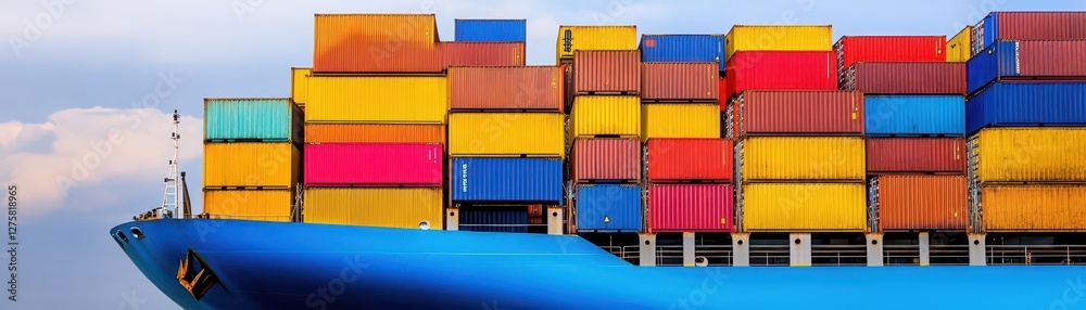 Poster large container ship with colorful containers stacked high in a busy shipping harbor