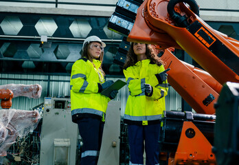 Engineers discuss robotic systems in a modern manufacturing facility during daylight hours