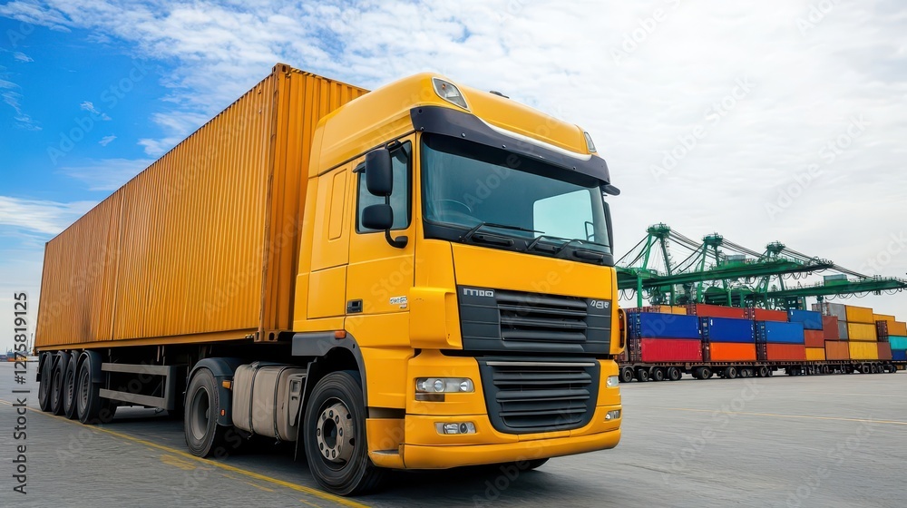 Poster cargo ship and truck at seaport waiting for container dock crane shipment harbor loading container i
