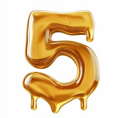 Number 5 made of thick golden honey with dripping edges isolated on a clean white background