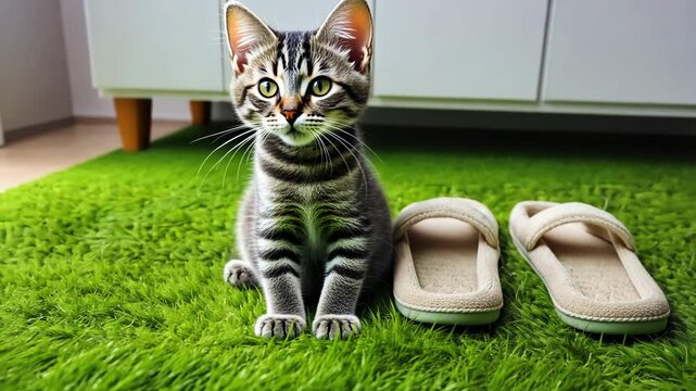 Playful kitten engages with cozy slippers on a soft green rug during a sunny afternoon in a cozy living space