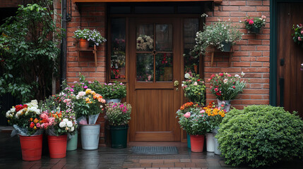 Naklejka premium Flower shop facade in city street. Vector cartoon illustration florist store front with wooden door and window, flowerpots and color bouquets in buckets, green bushes on pavement, red brick wall
