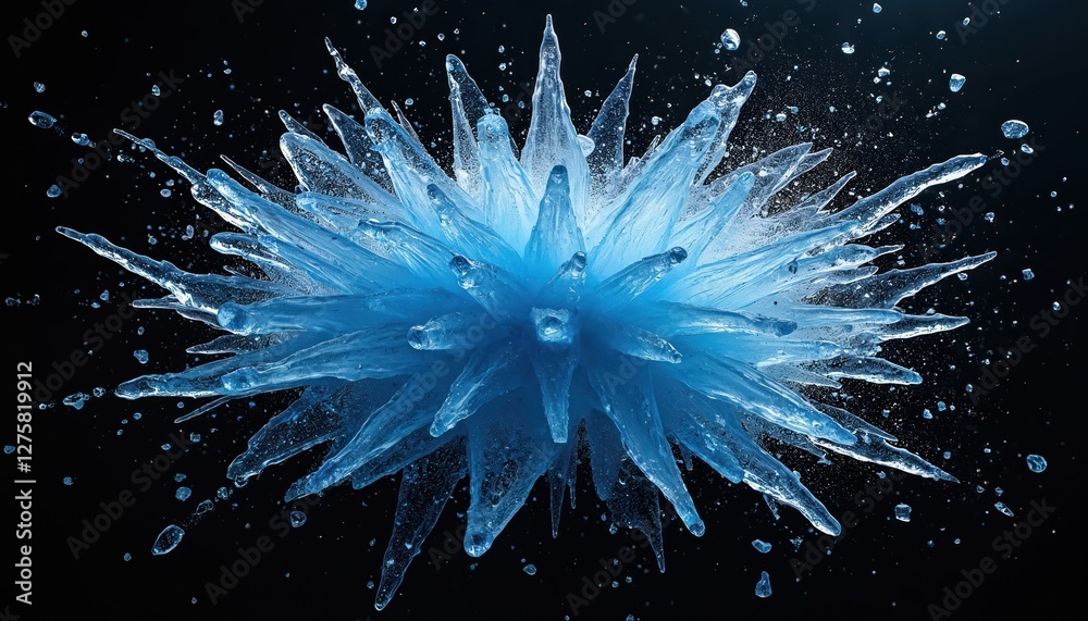 Poster Abstract burst of blue ice explosion. Shattered ice fragments create dynamic impact design. High-impact frozen explosion on dark black background. Intense ice visuals.