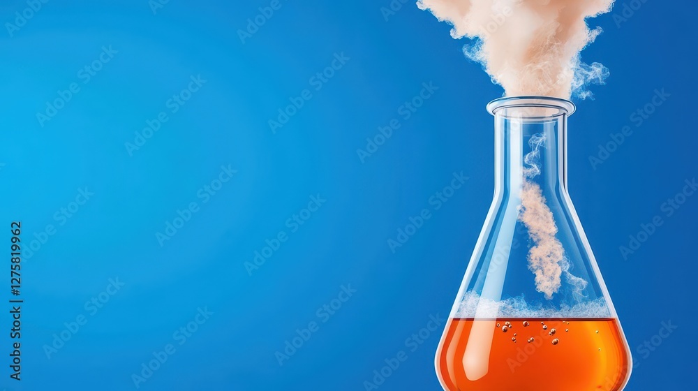 Poster beaker filled with colorful liquid on a laboratory table with scientific equipment in background
