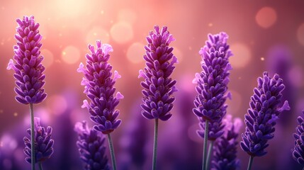 Obraz premium Sunset Lavender Field, Blooming Flowers, Purple, Bokeh