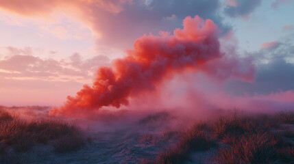 Fototapeta premium Red glowing smoke cloud with overlay effect on dark transparent background. Realistic vector illustration of bloody smoky mist or chemical toxic haze. Mystery dramatic creepy bloody steam or fog.